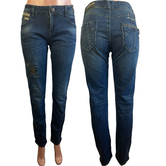 DESIGUAL BLUE STRETCH JEANS EMBROIDERED PATCHWORK DESIGN WASH JEANS PLUS SIZE 34 - Picture 1 of 13